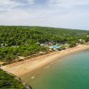 Vista aerea di una spiaggia con mare e vegetazione.