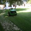 Trattore verde su prato accanto a un sentiero in pietra.