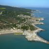 Vista aerea di una costa con spiaggia e vegetazione.