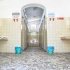 Bagno pubblico con specchi e lavandini su pareti opposte.